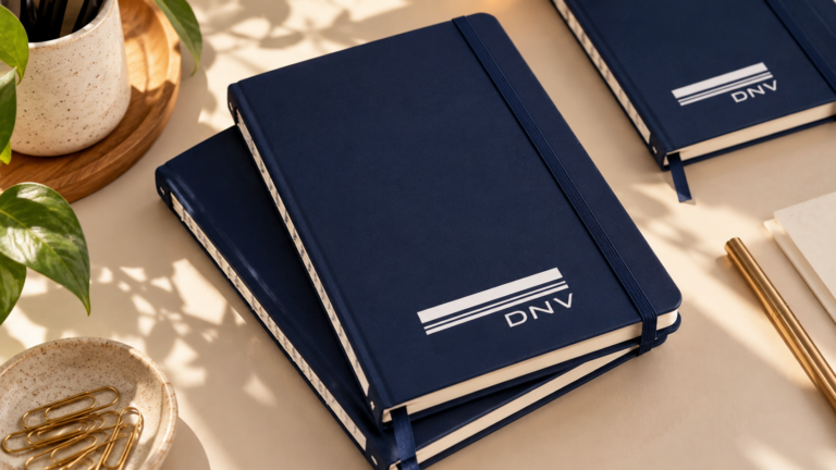 Cadernos personalizados para empresas com capa azul-marinho e logotipo DNV, produzidos artesanalmente pela Juliana Chagas.