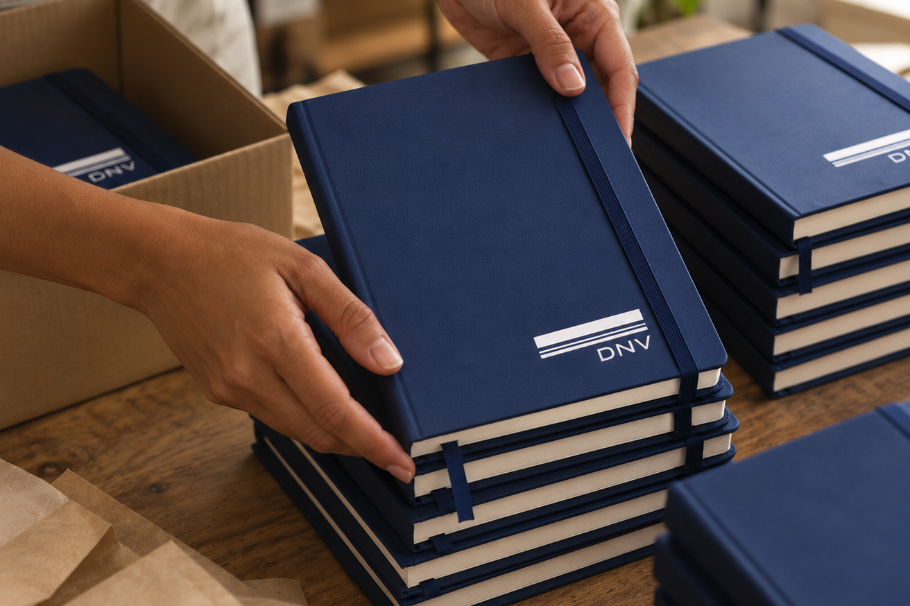 Cadernos personalizados para empresas com logotipo DNV, capa dura azul e acabamento artesanal, produzidos pela Juliana Chagas.